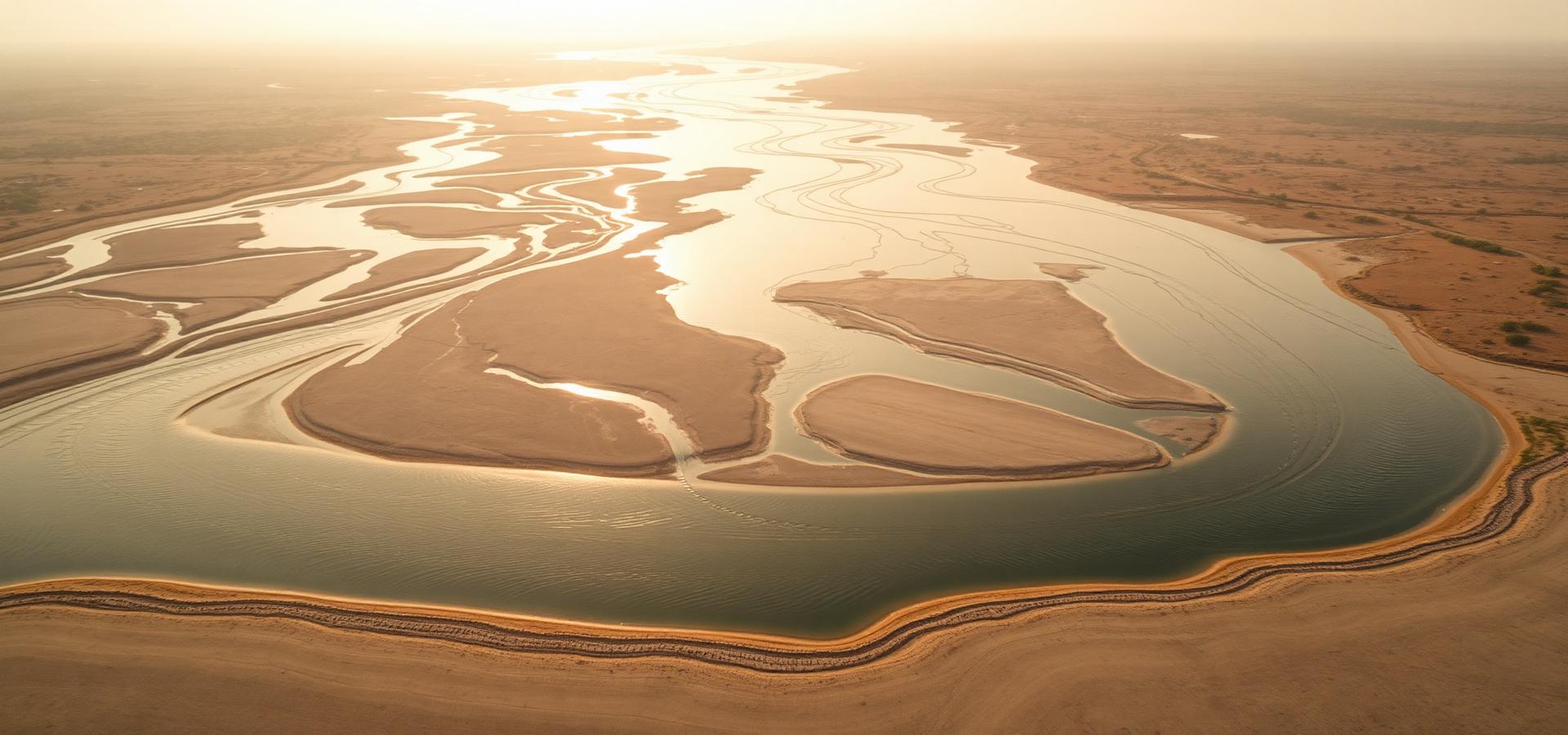 Aerial view of a braided river channel with exposed sand deposits