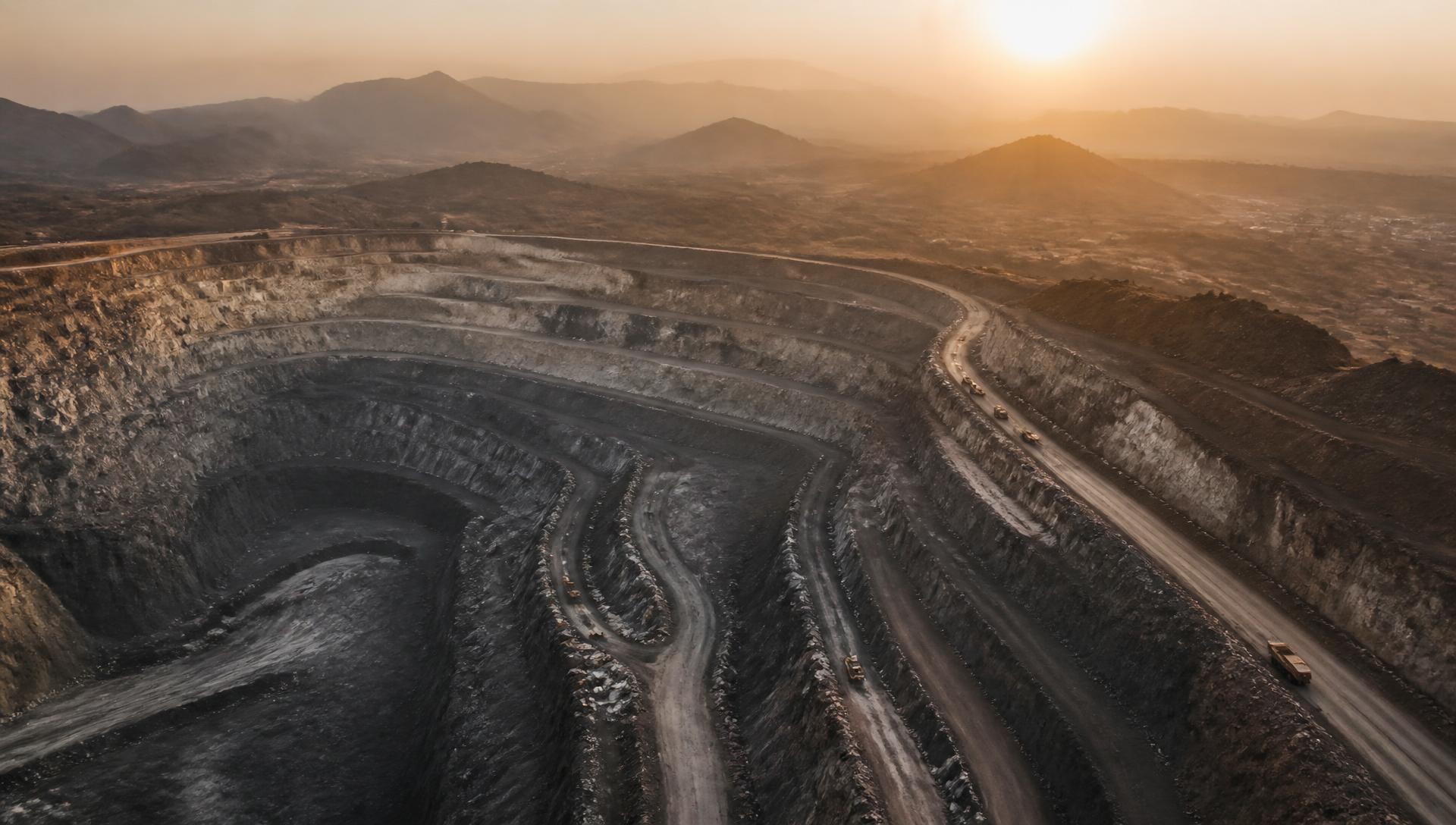 Aerial view of terraced open-pit mine benches at first light
