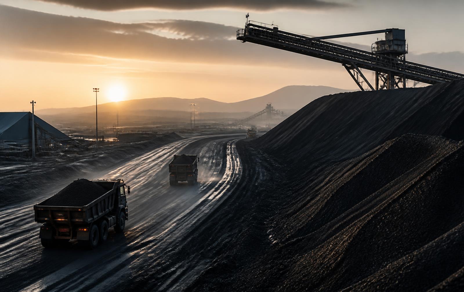 Graded mineral stockpiles arranged across an industrial stockyard