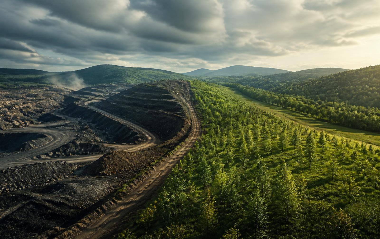 Worked mining ground transitioning into re-vegetated restored landscape